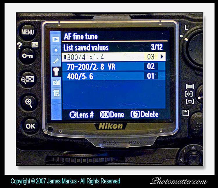 Nikon D300 camera Auto Focus Fine Tuning